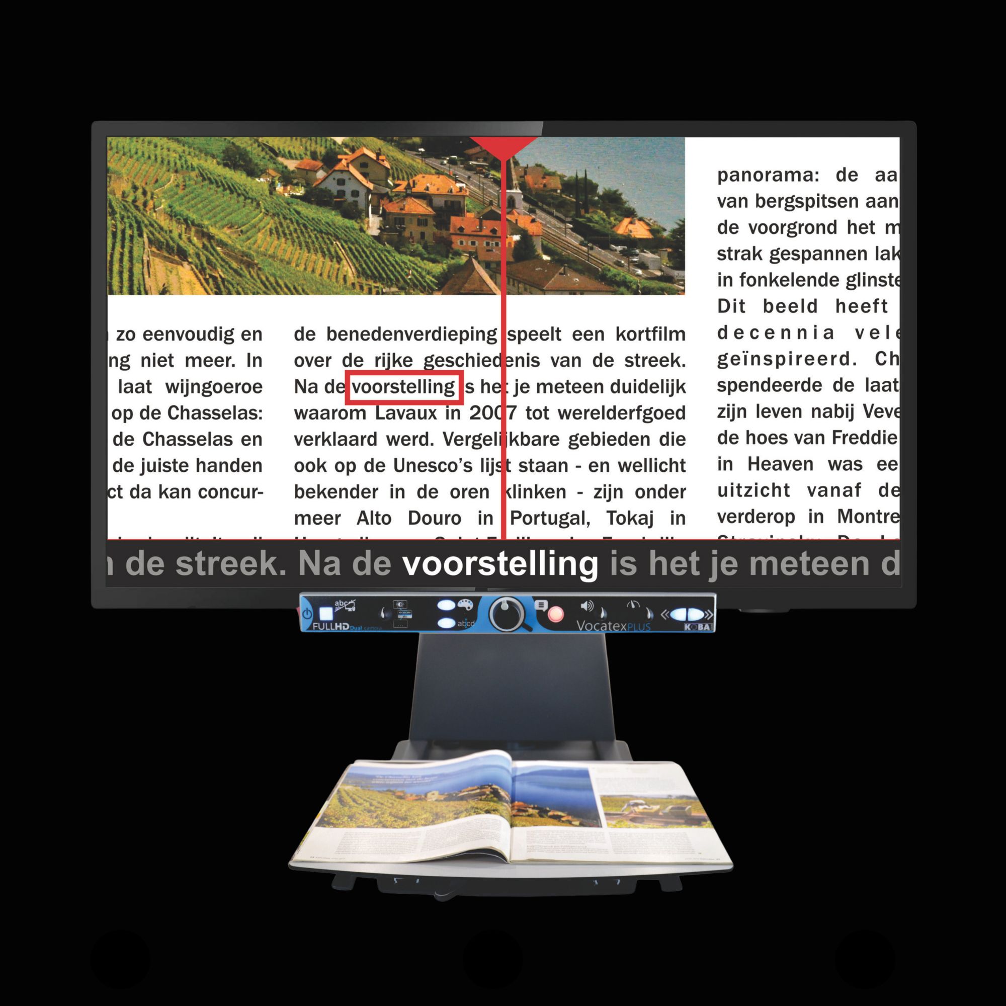 Ein Bildschirmlesegerät zeigt einen vergrößerten Text und ein Foto auf dem Monitor. Unter der Kamera liegt ein geöffnetes Buch. Das Vocatex liest gedruckte Texte laut vor und zeigt sie in vergrößerter, kontrastreicher Form an.