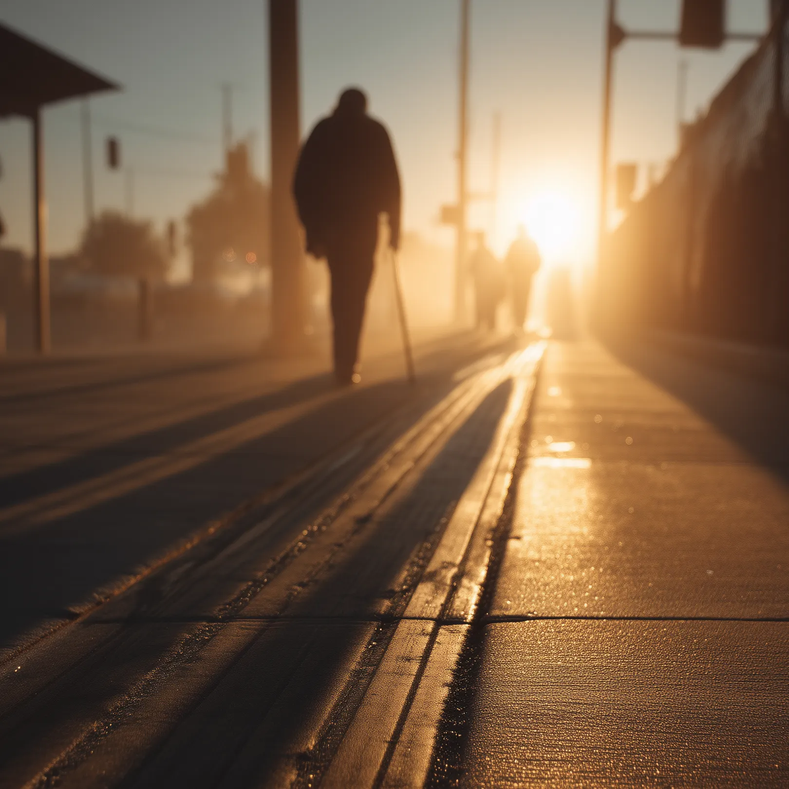 Silhouette einer Person mit Blindenstock im warmen Morgenlicht.