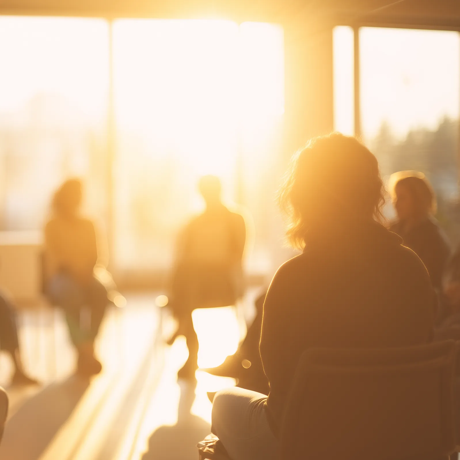 Menschen sitzen im hellen Raum und sprechen miteinander.