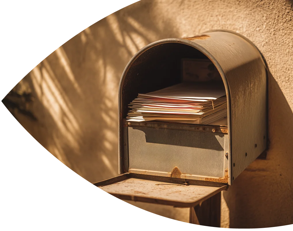 Ein geöffneter Briefkasten mit einem Stapel Briefe im warmen Sonnenlicht.