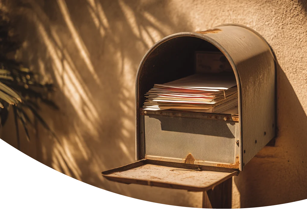 Ein geöffneter Briefkasten mit einem Stapel Briefe im warmen Sonnenlicht.