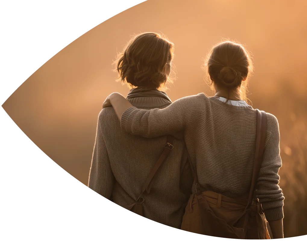 Zwei Frauen im warmen Abendlicht, eine legt der anderen den Arm um die Schulter.