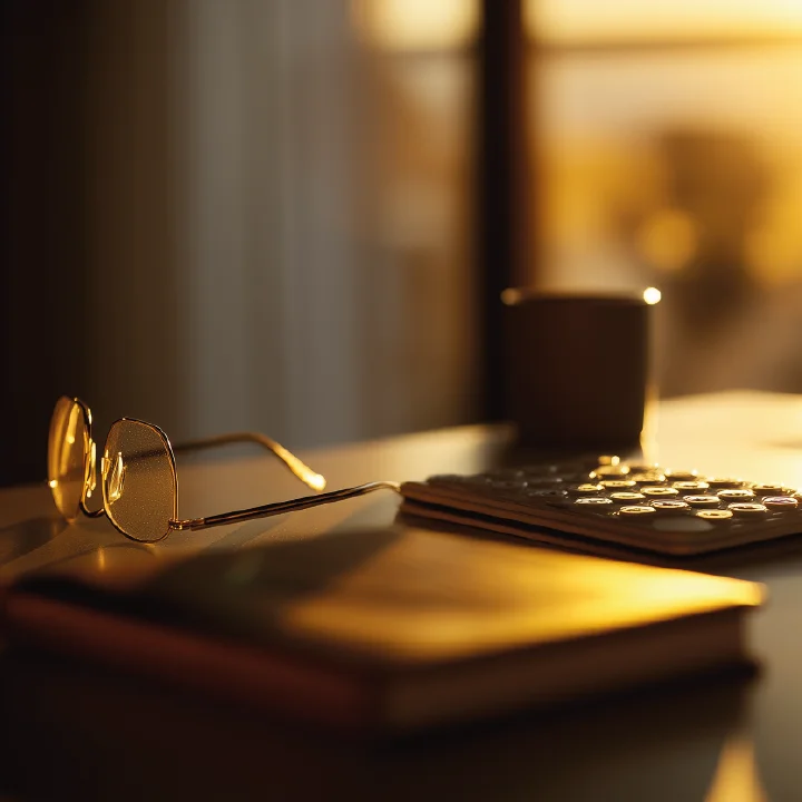 Brille liegt auf Tisch neben Notizbuch, Hilfsgerät und Tasse.